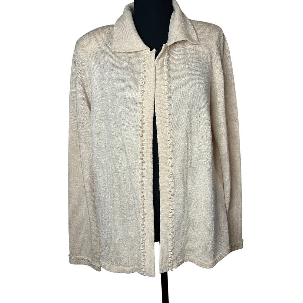 Vintage‎ DoncasterCream Wool  Blend Freshwater Pearl accents cardigan XL